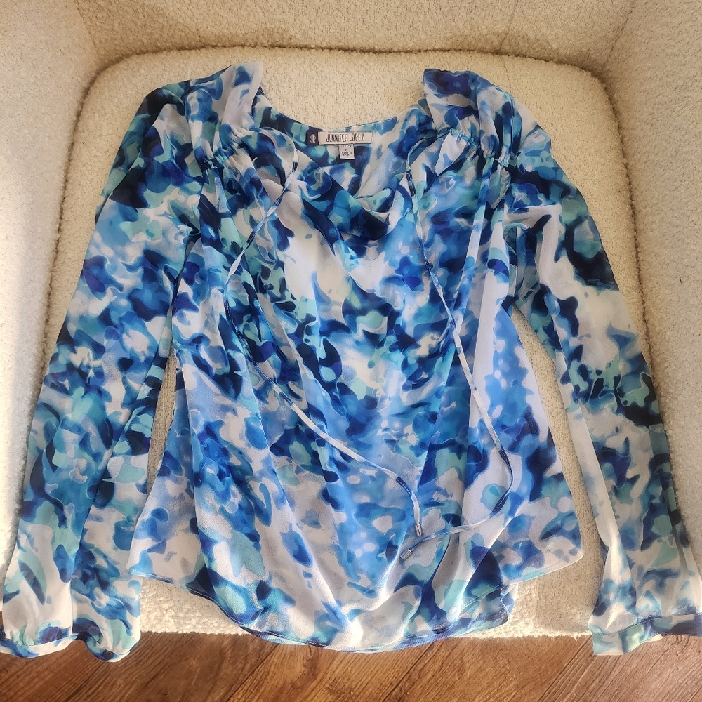 Jennifer Lopez Blue Sheer Blouse string tie Silver Buttons on Sleep - Picture 8 of 11